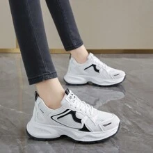 Tenis deportivos de suela gruesa respirables y casuales para mujer - Blanco y Negro - Ver 5