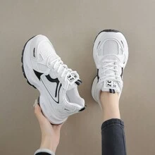 Tenis deportivos de suela gruesa respirables y casuales para mujer - Blanco y Negro - Ver 4