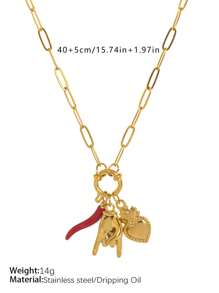 1Pc Versatile Fashion Classic Red Bull Horn Sacred Heart Rock Gesture Detachable Pendant Necklace, Stainless Steel Plated Genuine Gold Color Preserving Waterproof, Women Gifts, Women's Jewelry