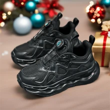 男童休闲运动鞋 - 旋转扣式网眼透气弹力运动鞋，跑步儿童运动鞋 - 黑色 - 查看 15