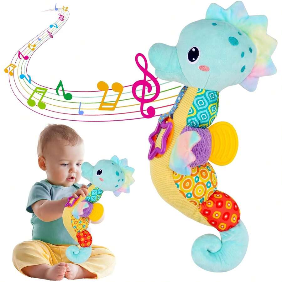 Baby Doll Musical Seahorse, Plush Baby Doll With Crinkle And Rattle, Soft Sensory Doll, Suitable For Tummy Time, Newborn Baby Boys Girls 0-3-6-12 Months - Multicolor - View 1