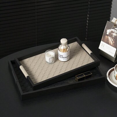 1pc Metal Leather Woven Storage Tray, Minimalist Style Desk Makeup Organizer, Bathroom Towel Holder, Bedroom Fragrance Display, Living Room Decorative Plate, Beige & Black