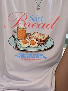 White Women's Casual Everyday Round Neck Short Sleeve Food & Bread Print T-Shirt, Spring/Summer