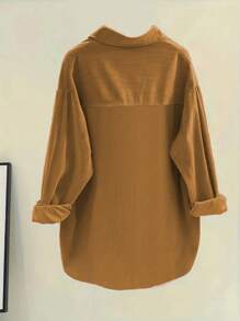 Women's Solid Color Front Button Long Sleeve Fake Pocket Casual Shirt - Yellow - View 2