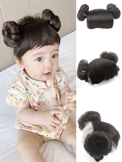 1pc Baby Synthetic Wig Braided Hair Band Bangs Kids Wig Baby Headband Baby Hair Kids Fake Bangs Head Button Cos Hair Jewelry Baby (Black)