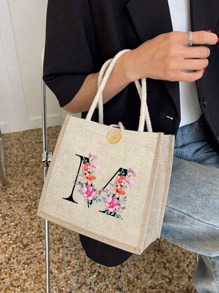 1pc Personalized Initial Name A -Z Flower Letter Beach Tote Bags,Portable Casual Storage Tote Bag, Fashion Burlap Shoulder Bag,Lightweight Handbag For Travel, Bridesmaid Bridal Party Girls Trip Gifts