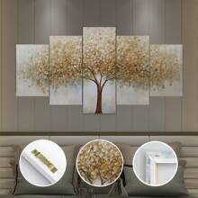 Conjunto de 5 peças de arte de parede em tela com moldura da Árvore da Vida e folha dourada - Pôsteres de paisagem de decoração de arte moderna impressos em tela, arte texturizada com moldura de madeira para sala de estar, quarto, banheiro, sala de jantar - Impressões de arte para interiores para pôsteres de estética de fazenda e casa, arte de parede, decoração de quarto, presentes, aniversário, formatura