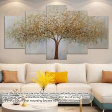 Conjunto de 5 peças de arte de parede em tela com moldura da Árvore da Vida e folha dourada - Pôsteres de paisagem de decoração de arte moderna impressos em tela, arte texturizada com moldura de madeira para sala de estar, quarto, banheiro, sala de jantar - Impressões de arte para interiores para pôsteres de estética de fazenda e casa, arte de parede, decoração de quarto, presentes, aniversário, formatura