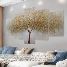 Conjunto de 5 peças de arte de parede em tela com moldura da Árvore da Vida e folha dourada - Pôsteres de paisagem de decoração de arte moderna impressos em tela, arte texturizada com moldura de madeira para sala de estar, quarto, banheiro, sala de jantar - Impressões de arte para interiores para pôsteres de estética de fazenda e casa, arte de parede, decoração de quarto, presentes, aniversário, formatura