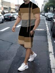 Conjunto de 2 piezas de moda para hombre: camiseta de manga corta a rayas y pantalones cortos con cordón - conjunto de color a juego cómodo para aventuras al aire libre y uso casual