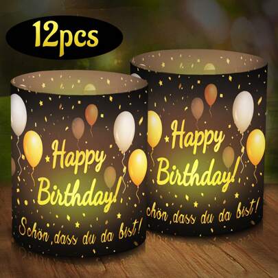 12pcs/Set Black And Gold Plastic Illuminating Tea Light Candle Holders, Cake Toppers For Birthday Party Decorations, No Candles Included