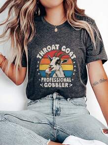 Women's Casual Crew Neck Short Sleeve Goat Eating Ice Cream Print Top, Everyday Wear