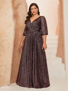 Plus Size Women's Solid Color V-Neck Wrap Bust A-Line Sparkle Mid-Length Formal Evening Gown Dress, Party Dress, Wedding Guest Dress