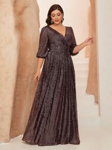 Plus Size Women's Solid Color V-Neck Wrap Bust A-Line Sparkle Mid-Length Formal Evening Gown Dress, Party Dress, Wedding Guest Dress