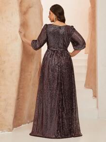 Plus Size Women's Solid Color V-Neck Wrap Bust A-Line Sparkle Mid-Length Formal Evening Gown Dress, Party Dress, Wedding Guest Dress - Watermelon Pink - View 3