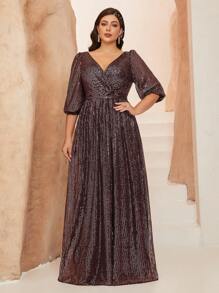 Plus Size Women's Solid Color V-Neck Wrap Bust A-Line Sparkle Mid-Length Formal Evening Gown Dress, Party Dress, Wedding Guest Dress - Watermelon Pink - View 5