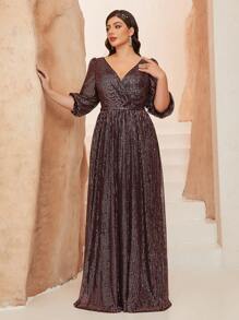 Plus Size Women's Solid Color V-Neck Wrap Bust A-Line Sparkle Mid-Length Formal Evening Gown Dress, Party Dress, Wedding Guest Dress
