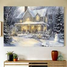 Decoración de arte de pared de lienzo navideño, impresión de pintura de escena de bosque nevado de invierno para decoración de habitación, póster de muñeco de nieve navideño para el hogar, casa campestre navideña