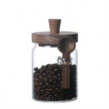 Jarra de 1/3 de vidrio con tapa de madera y cuchara, frasco sellado de almacenamiento de cocina para especias, café, dulces, vidrio grueso, reutilizable, solo se puede lavar a mano, diferencias de color normales en la tapa de madera de acacia, nudos y pequeños agujeros en la madera son normales, de vuelta a la escuela
