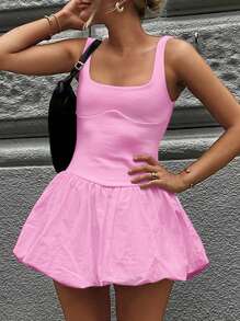 Women's Mini Tank Dress Square Neck Sleeveless Backless A-Line Solid Color Puffball Dress For Party Club
