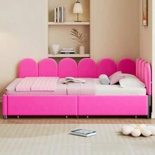 Sofá cama tapizado de tamaño completo con 2 cajones, cabecero de tela suave, sin necesidad de somier, color rojo rosa