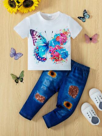女宝宝休闲时尚彩色蝴蝶印花圆领短袖T恤上衣和牛仔效果裤套装，春夏