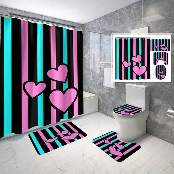 Striped Bathroom Set Including Shower Curtain, Toilet Seat Cover, U-Shaped Mat, Bath Mat, Waterproof Bathtub Curtain, And Hanging Hooks Room Decor Bathroom Accessories Back To School Bathroom Decor