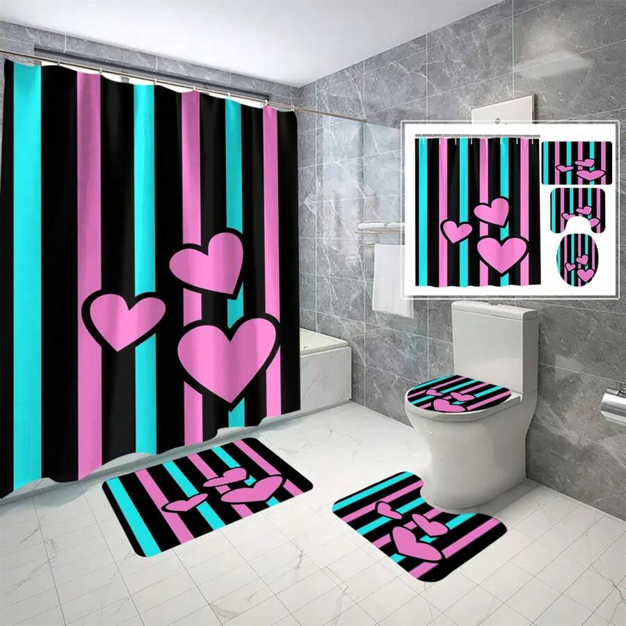 Striped Bathroom Set Including Shower Curtain, Toilet Seat Cover, U-Shaped Mat, Bath Mat, Waterproof Bathtub Curtain, And Hanging Hooks Room Decor Bathroom Accessories Back To School Bathroom Decor