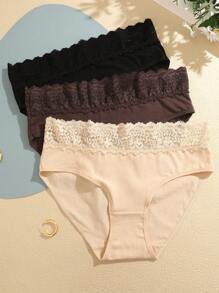 3 Pack Women's Colorful Lace Waistband Comfy Bikini Briefs