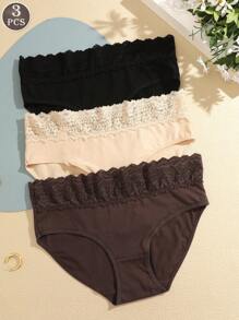 3 Pack Women's Colorful Lace Waistband Comfy Bikini Briefs