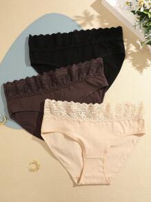 3 Pack Women's Colorful Lace Waistband Comfy Bikini Briefs