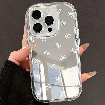 镜面手机壳 1 件可爱女孩风格白色蝴蝶结图案透明闪亮全覆盖软手机壳兼容 11/12/13/14/15/16 Pro Max 防水防震防摔防刮
