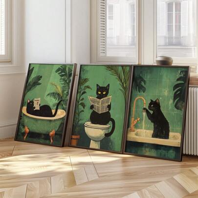 Juego de 3 impresiones en lienzo de arte de pared de gato negro divertido para el baño, carteles de animales vintage para el inodoro, decoración de primavera, decoración de pared interior moderna, obra de arte para sala de estar, dormitorio, baño, inodoro, cafetería, bar, oficina en casa, pasillo, decoración del hogar y la habitación, sin marco