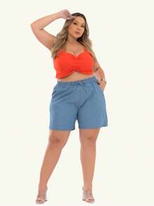 Plus Size Denim Shorts With Elastic Waistband, Current Fashion - 淺色水洗藍 - 查看 4