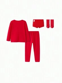 Balabala 男童新年内衣礼盒套装，红色保暖睡衣套装（含袜子） - 中國紅 - 查看 2