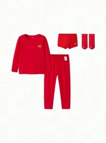 Balabala 男童新年内衣礼盒套装，红色保暖睡衣套装（含袜子） - 中國紅 - 查看 1