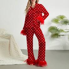 Women 2 Piece Lounge Set Heart Printed Long Sleeve Button Down Shirt And Pants Feather Trim Pajamas Sleepwear Set Women Feather Pajamas Silk Satin Lounge Sets Long Sleeve Button Down Shirts And Pants 2 Piece Pj Set - 紅色 - 查看 2