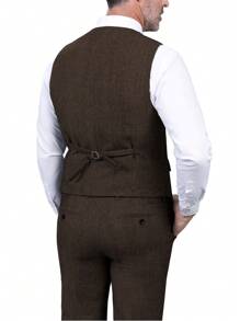 Mens Herringbone Tweed Suit 3 Piece Suit Two Buttons Wool Suits 1920's Themed Wedding Suit Prom Tuxedos Blazer Dress Formal Business Party Jacket Vest Waistcoat For Groom - 咖啡 - 查看 3