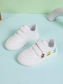 Dziecięce buty do szkoły: białe trampki dla chłopców, nowe haftowane, dziecięce, wiosenne/jesienne, białe, oddychające, płaskie buty; dziewczęce, kwiatowe, rzepy, ręcznie robione, klejone, płaskie buty kampusowe, miękkie dno - Biały - Zobacz 1