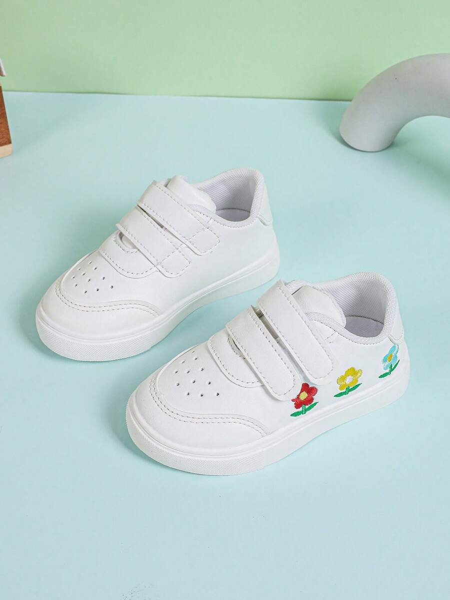Dziecięce buty do szkoły: białe trampki dla chłopców, nowe haftowane, dziecięce, wiosenne/jesienne, białe, oddychające, płaskie buty; dziewczęce, kwiatowe, rzepy, ręcznie robione, klejone, płaskie buty kampusowe, miękkie dno - Biały - Zobacz 1