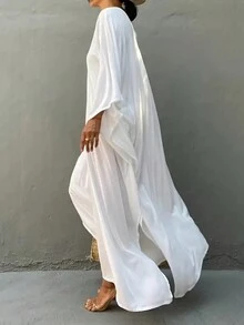 Elegancka sukienka w jednolitym kolorze - rękawy typu dolman, luźny krój, szlafrok damski | Idealny na wiosnę/lato/jesień, skromny