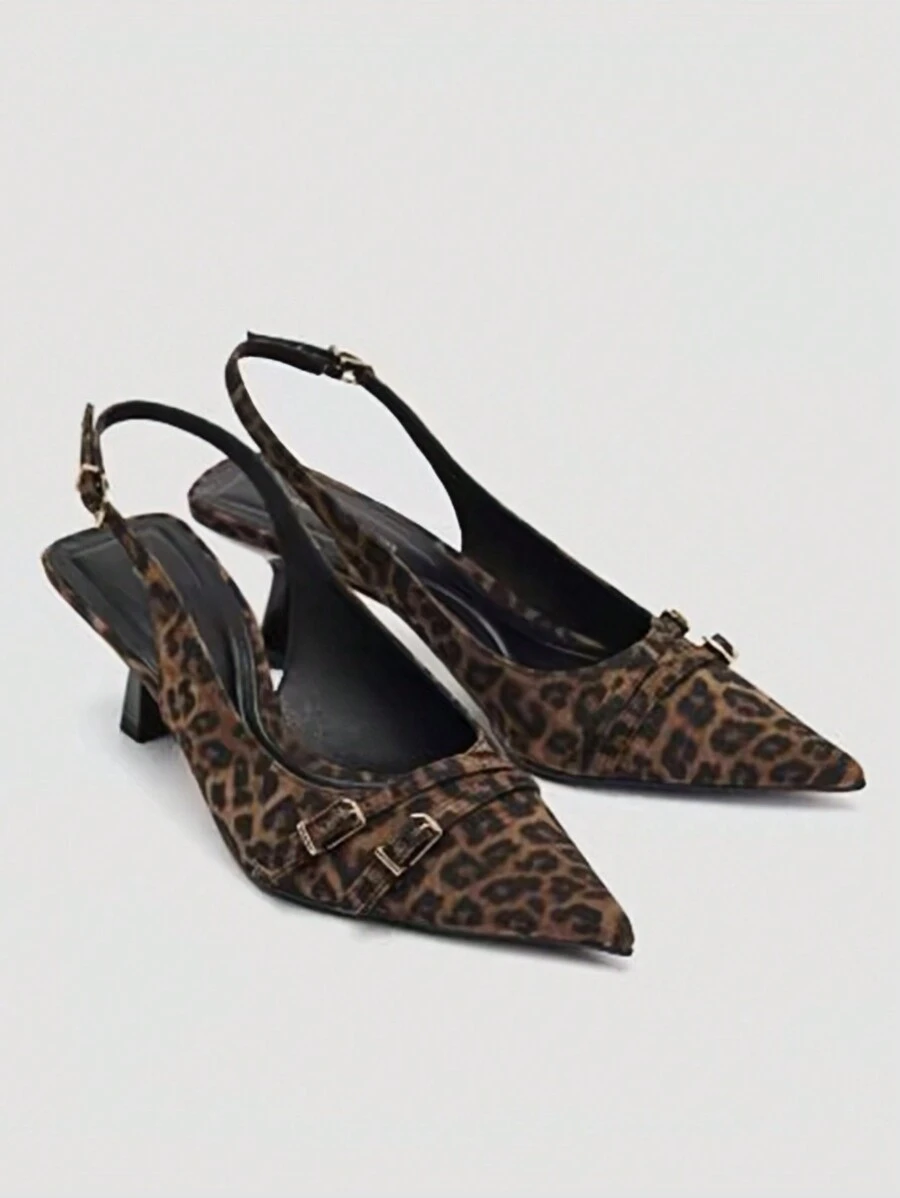 2025春秋新款女士豹纹高跟鞋，尖头后跟系带小猫跟搭扣礼服鞋，优雅派对鞋 - 棕色 - 查看 1