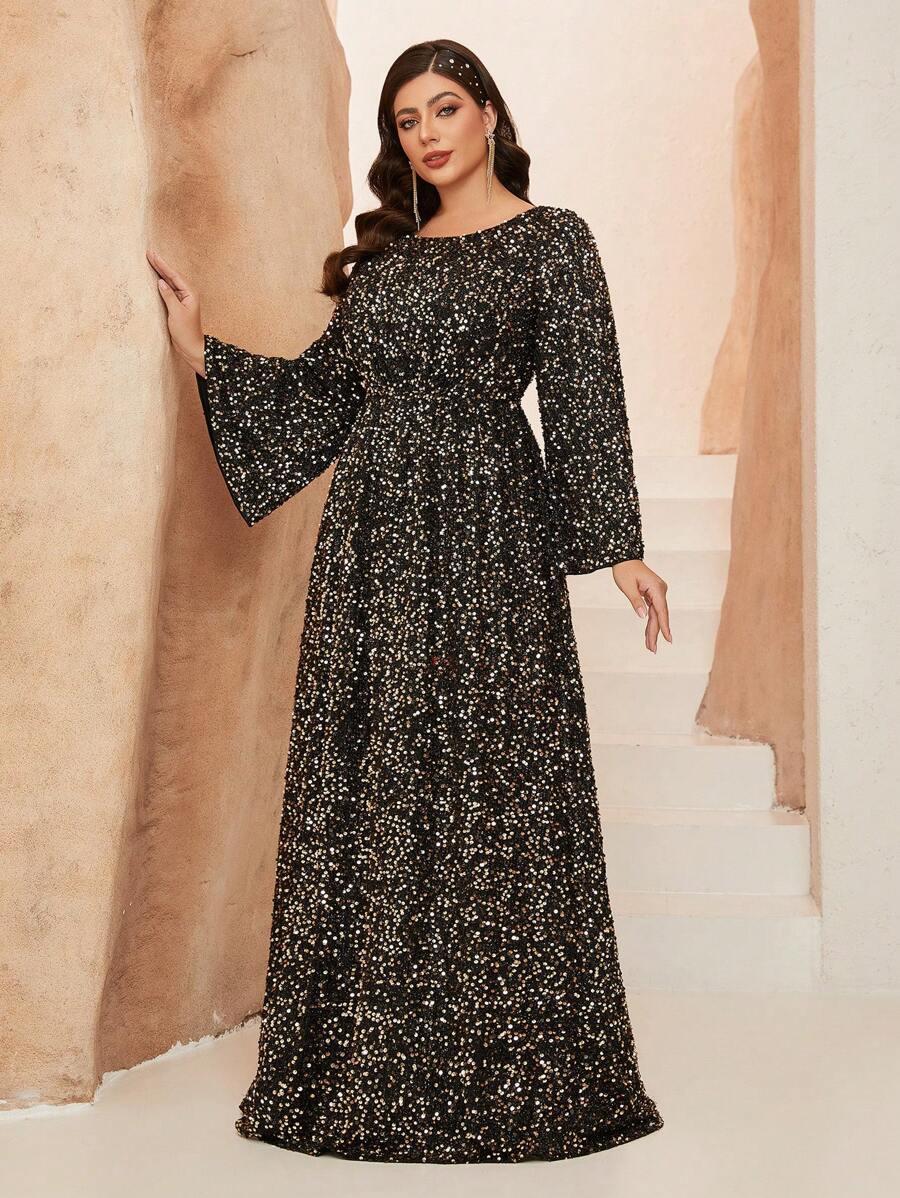 女士圆领长袖优雅迷人喇叭袖褶皱亮片连衣裙