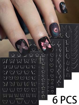 6件套美甲镂空系列喷墨绘画喷枪模板辅助工具贴纸，包含猫眼、蝴蝶、星星、爱心等图案