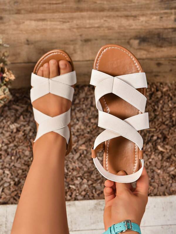 Damen-Sommer-Sandalen mit weit geschnittenem, beigefarbenem, elastischem Knöchelriemen, leicht und luxuriös, vielseitig für Outdoor, Retro-Boho-Stil, flache Sohle, Große Größen