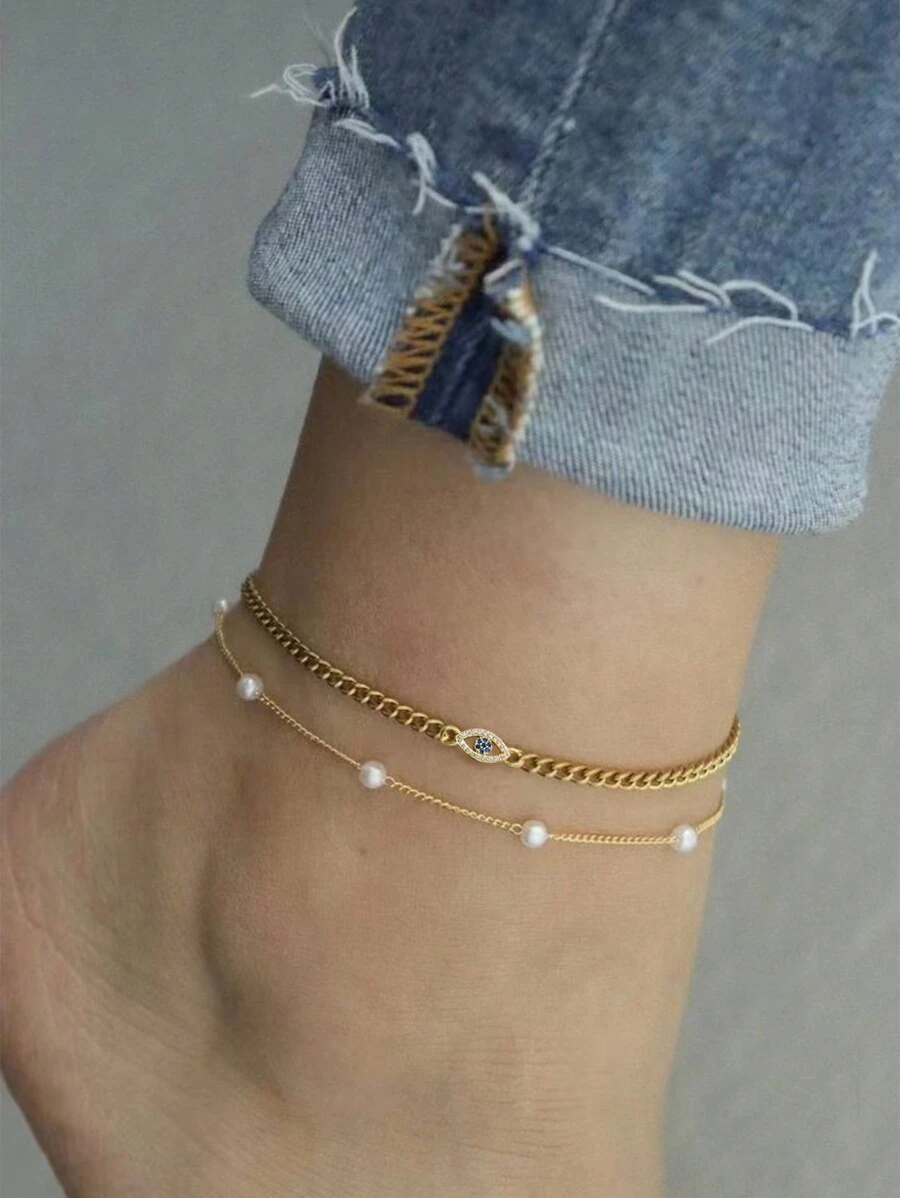 2pcs/Set Fashionable Minimalist Gold Chain Anklet, Unique Devil's Eye ...