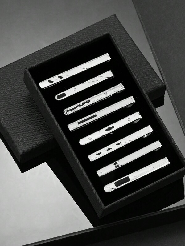 Zestaw 8 sztuk srebrnych spinek do krawata w stylu hip-hop, proste czarne, biznesowe, w pudełku, prezent dla przyjaciół