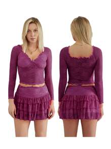 Women Lace Skirt Set Fairycore See Through Off Shoulder Long Sleeve Crop Tops And Mini Skirt Suit 2 Piece Outfits Streetwear - Màu đỏ tím - Xem 3