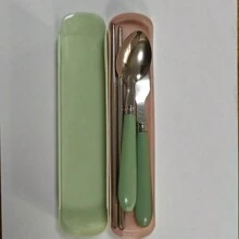 3件套多巴胺便携式户外餐具套装，不锈钢叉子、勺子和筷子带盒，可重复使用，适合旅行、午餐盒和露营，粉色篮子，绿色 - 彩色 - 查看 7