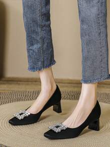 Women's Elegant Rhinestone Buckle Square Toe Chunky High Heel Pumps, Lightweight Slip On Dress Shoes For Party, Date, Event, Spring Autumn, Black, Beige, Green, Orange